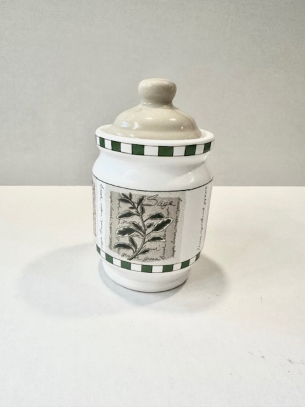 Vintage Savory Tyme Ceramic Canister with Lid Culinary Herb Theme White 6.5in